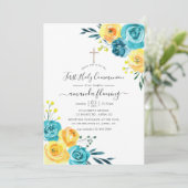 Invitation Communion florale turquoise et jaune (Debout devant)