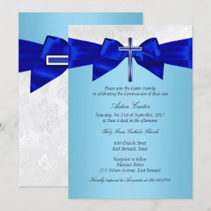 Invitation Communion garçons croix argent bleu royal