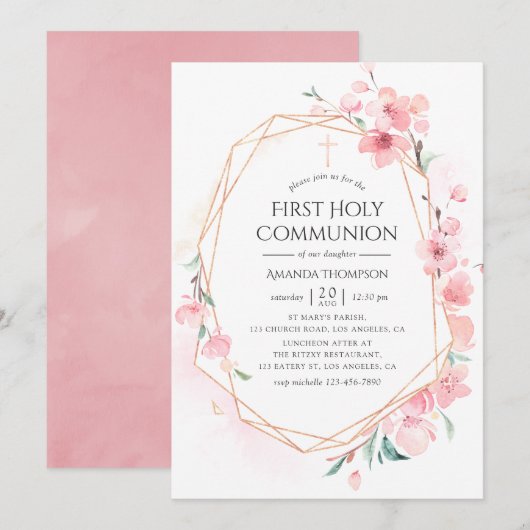 Invitation Communion géométrique sainte en fleurs de cerisier (Devant / Derrière)
