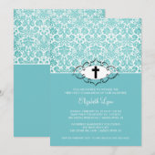 Invitation Communion Inviation de damassé de turquoise (Devant / Derrière)