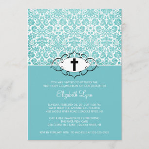 Invitation Communion Inviation de damassé de turquoise