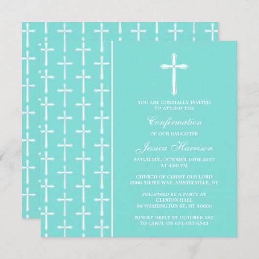 Invitation Communion Ou Confirmation Turquoise Croisée (Devant / Derrière)