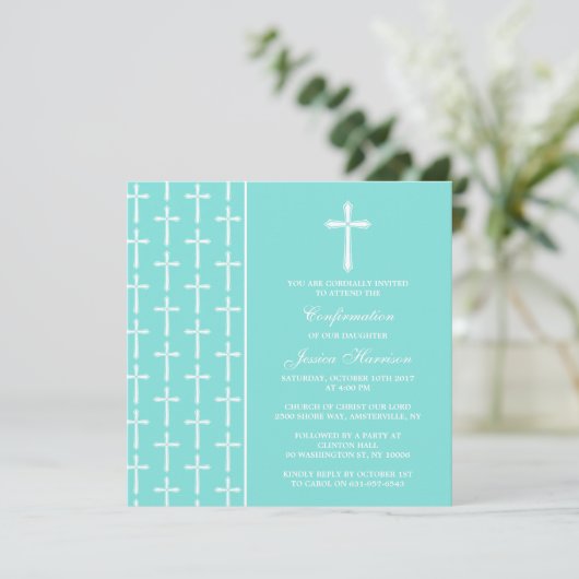 Invitation Communion Ou Confirmation Turquoise Croisée (Debout devant)