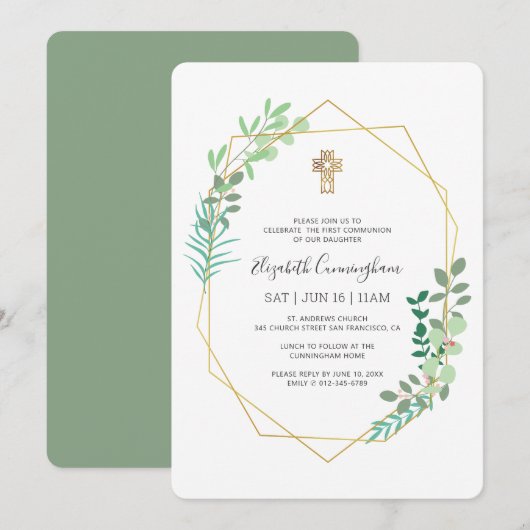 Invitation Communion Pour Sa Croix Géométrique D'Or Du Foliag (Devant / Derrière)