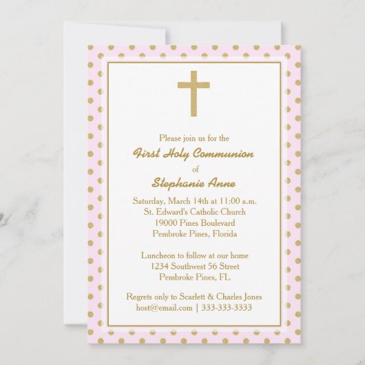 Invitation Communion rose avec Pois d'or (Devant)
