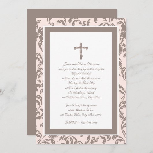 Invitation Communion rose douce et Brown (Devant / Derrière)
