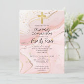 Invitation Communion sainte en marbre rose (Debout devant)