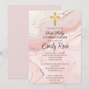 Invitation Communion sainte en marbre rose