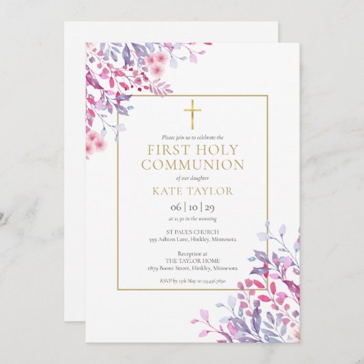 Invitation Communion sainte Florale fleur sauvage (Devant / Derrière)