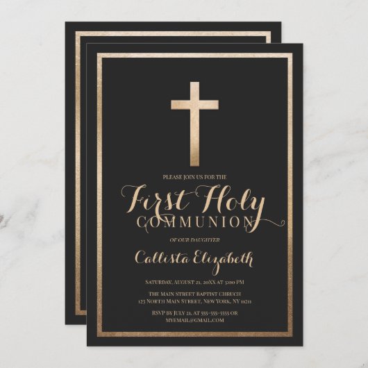Invitation Communion simple Noir Noir moderne (Devant / Derrière)