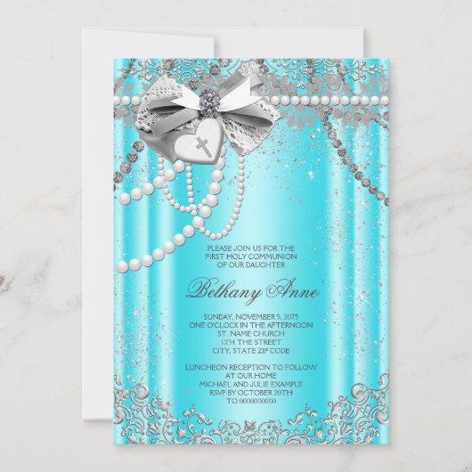 Invitation Communion solennelle bleu sarcelle et perle grise (Devant)