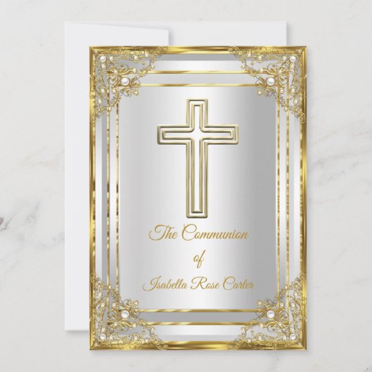Invitation Communion solennelle croix blanche or perle (Devant)