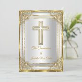 Invitation Communion solennelle croix blanche or perle (Debout devant)