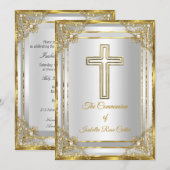 Invitation Communion solennelle croix blanche or perle (Devant / Derrière)