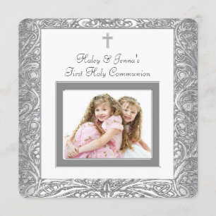 Invitation Communion solennelle élégante blanche jumelle