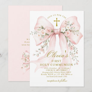 Invitation Communion solennelle élégante rose floral bow
