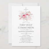 Invitation Communion solennelle Fleurs Rose et Or (Devant)