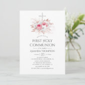 Invitation Communion solennelle Fleurs Rose et Or (Debout devant)