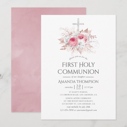 Invitation Communion solennelle Fleurs Rose et Or (Devant / Derrière)