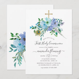 Invitation Communion solennelle florale bohème aquarelle vert