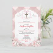 Invitation Communion solennelle première Plaid rose au blason (Debout devant)