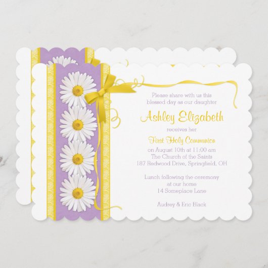 Invitation communion violet jaune Shasta Daisy (Devant / Derrière)