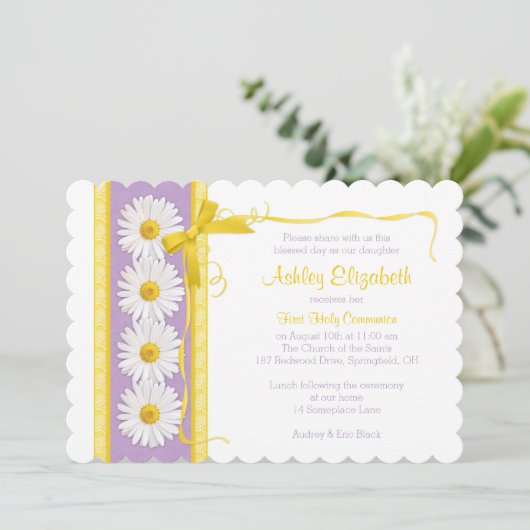 Invitation communion violet jaune Shasta Daisy (Debout devant)