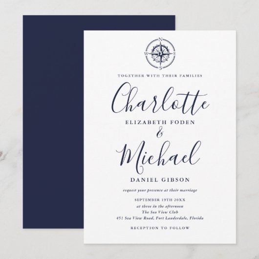 Invitation Compas Nautilus Bleu Marine Mariage Script (Devant / Derrière)