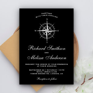 Invitation Compas Nautique Élégant Noir et Blanc pour Mariage