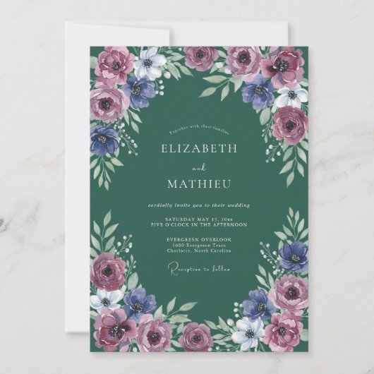 Invitation Composition Florale Bleu Mauve Mariage (Devant)