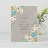 Invitation Composition florale bleu taupe pour mariage (Debout devant)