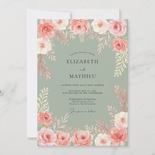 Invitation Composition Florale de Corail Romance Mariage (Devant)