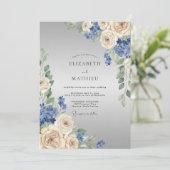Invitation Composition florale de mariage crème bleu (Debout devant)