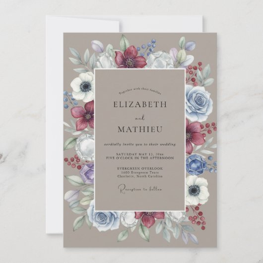 Invitation Composition florale de mariage en bordeaux et bleu (Devant)