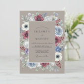 Invitation Composition florale de mariage en bordeaux et bleu (Debout devant)
