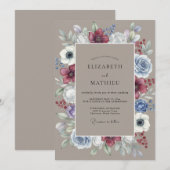 Invitation Composition florale de mariage en bordeaux et bleu (Devant / Derrière)