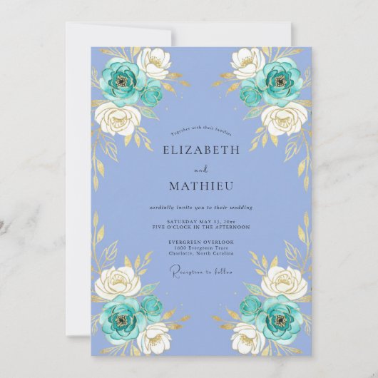 Invitation Composition florale de teinte sarcelle pour mariag (Devant)