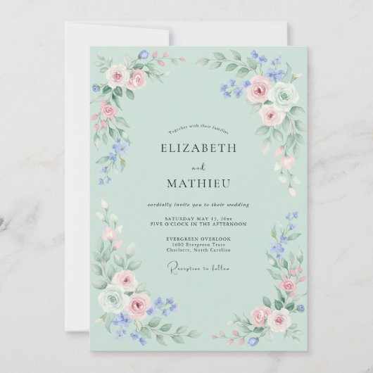 Invitation Composition Florale Mariage Rose Menthe (Devant)