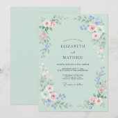 Invitation Composition Florale Mariage Rose Menthe (Devant / Derrière)