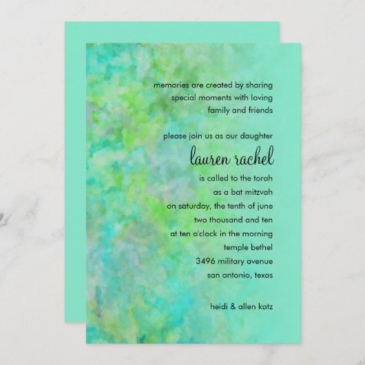 Invitation Conception abstraite bat mitzvah en Aqua (Devant / Derrière)