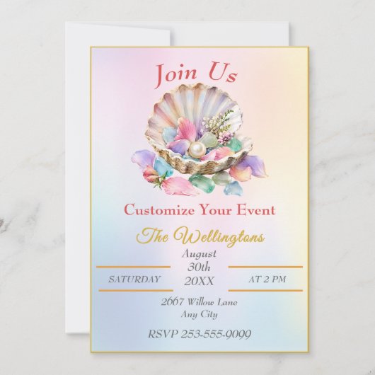Invitation Conception Côtière Perle Coquillage Pastel Personn (Devant)