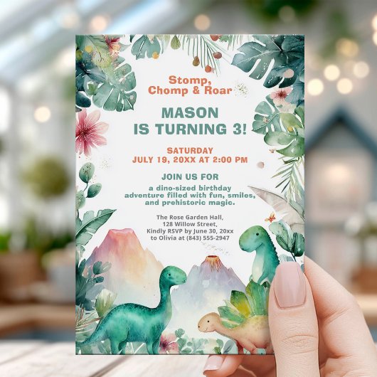Invitation Conception d'anniversaire de dinosaure à l'aquarel