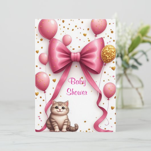 Invitation Conception de Baby Shower Rose pour Bébé Chat Douc (Debout devant)