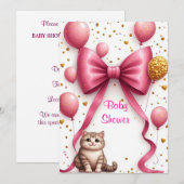 Invitation Conception de Baby Shower Rose pour Bébé Chat Douc (Devant / Derrière)