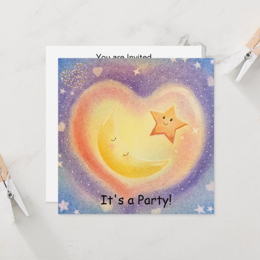 Invitation Conception de ciel rêveur avec lune en pastel doux (Devant/Arrière en situation)
