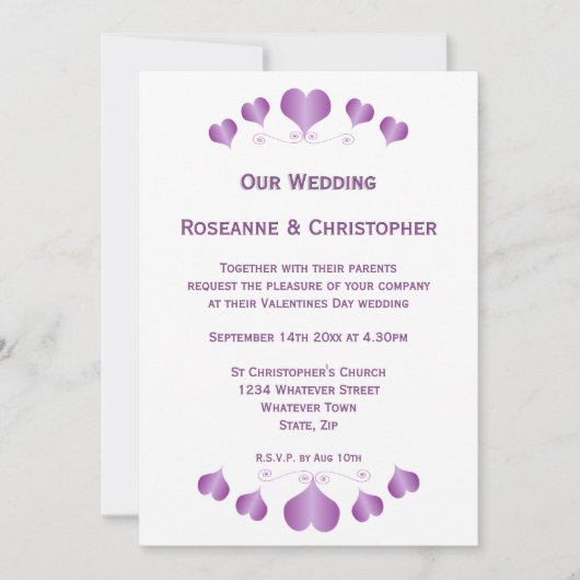 Invitation Conception de cœurs violets pour un mariage (Devant)