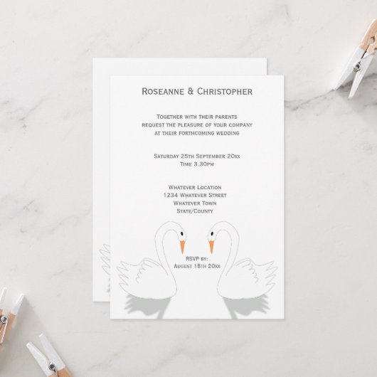 Invitation Conception de cygnes pour mariage (Devant/Arrière en situation)