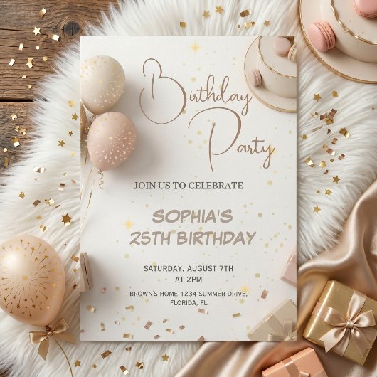 Invitation Conception de fête d'anniversaire beige et or mini