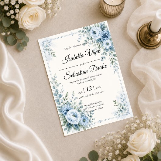Invitation Conception de mariage floral bleu élégant