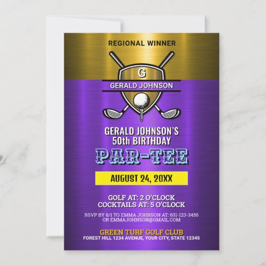 Invitation Conception de monogramme de golf de bouclier d'or  (Devant)